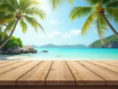 Wooden Table Overlooking A Tropical Beach Paradise