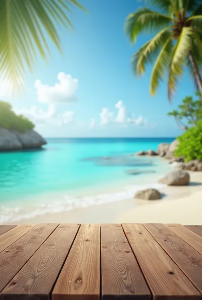 Wooden Table Overlooking A Tropical Beach Paradise