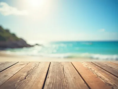 Wooden Table Surface Overlooking A Tropical Beach