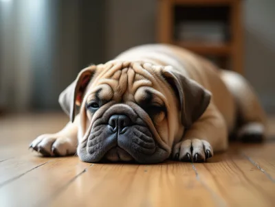 Adorable Bulldog Puppy Resting On Wooden Floor