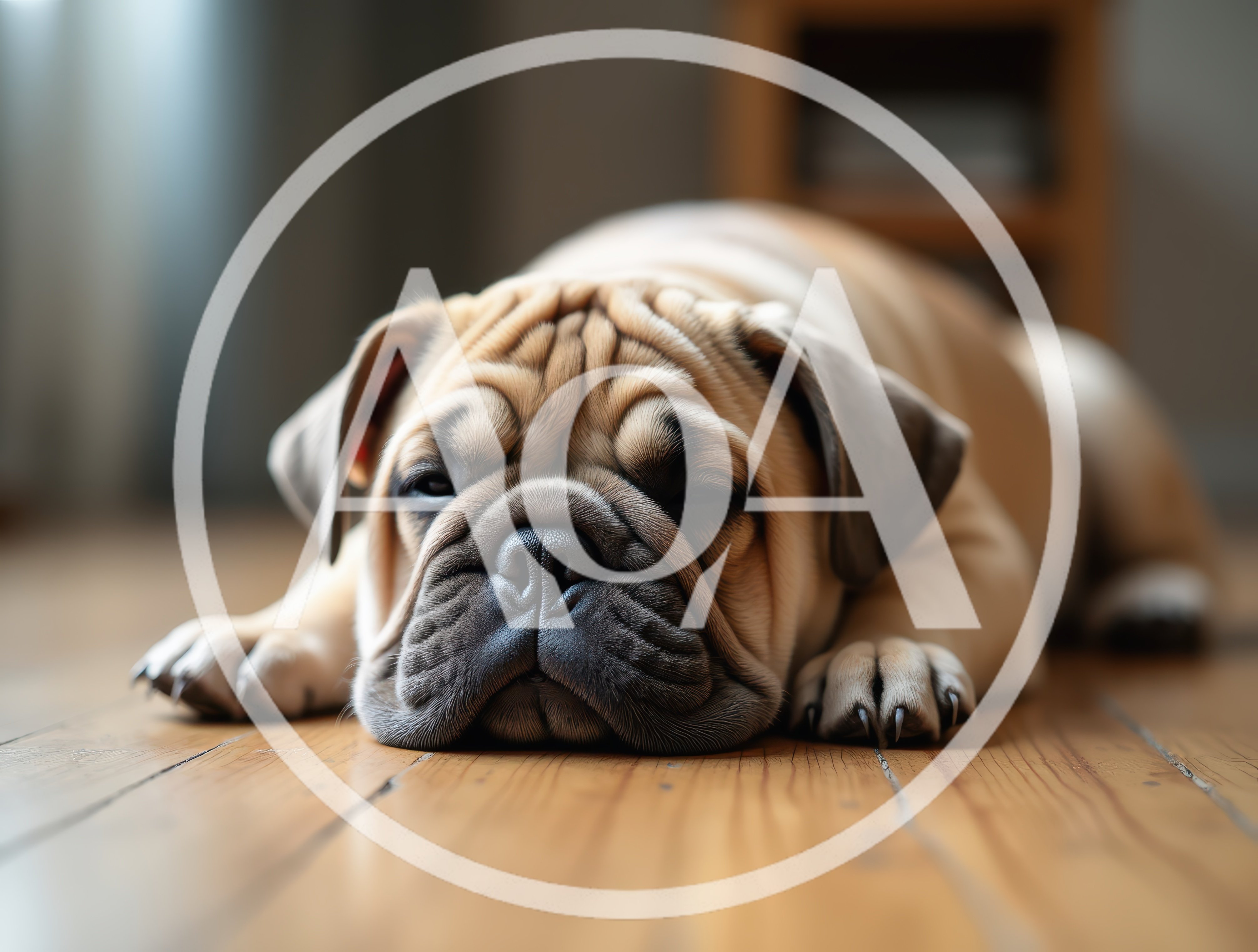 Adorable Bulldog Puppy Resting On Wooden Floor