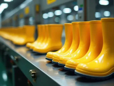 Yellow Rubber Boots Moving Along Industrial Factory Conveyor Belt