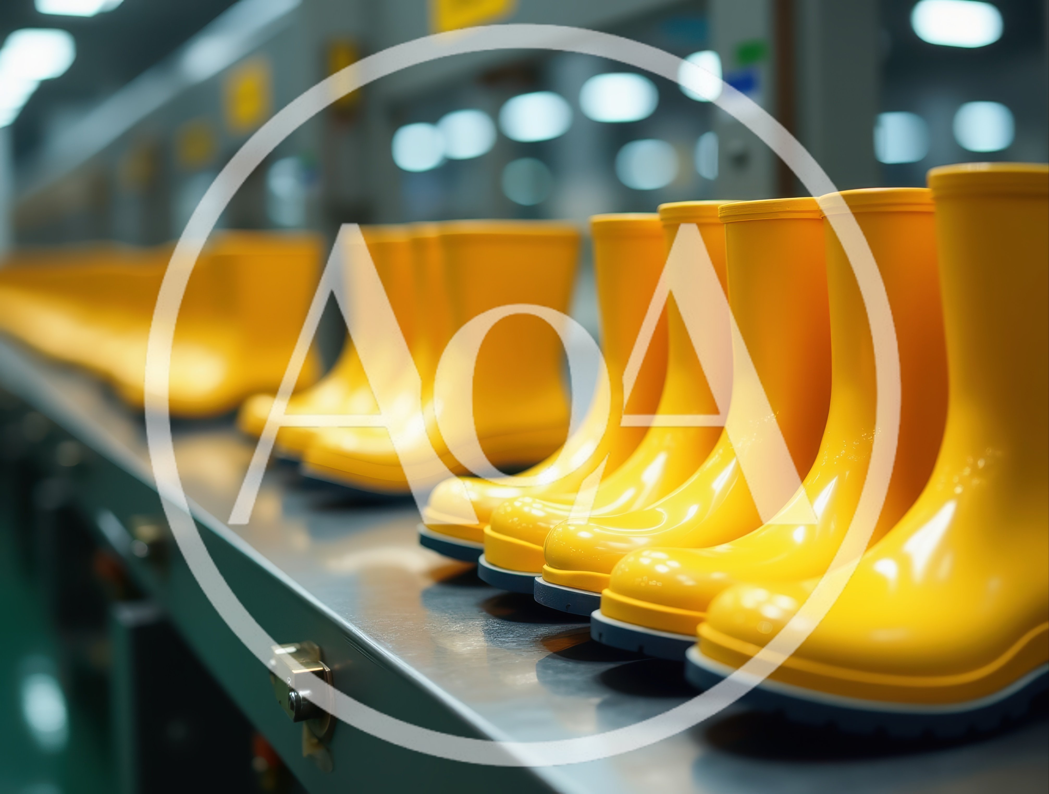 Yellow Rubber Boots Moving Along Industrial Factory Conveyor Belt