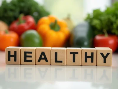 Wooden Blocks Spelling Healthy With Fresh Vegetables Background