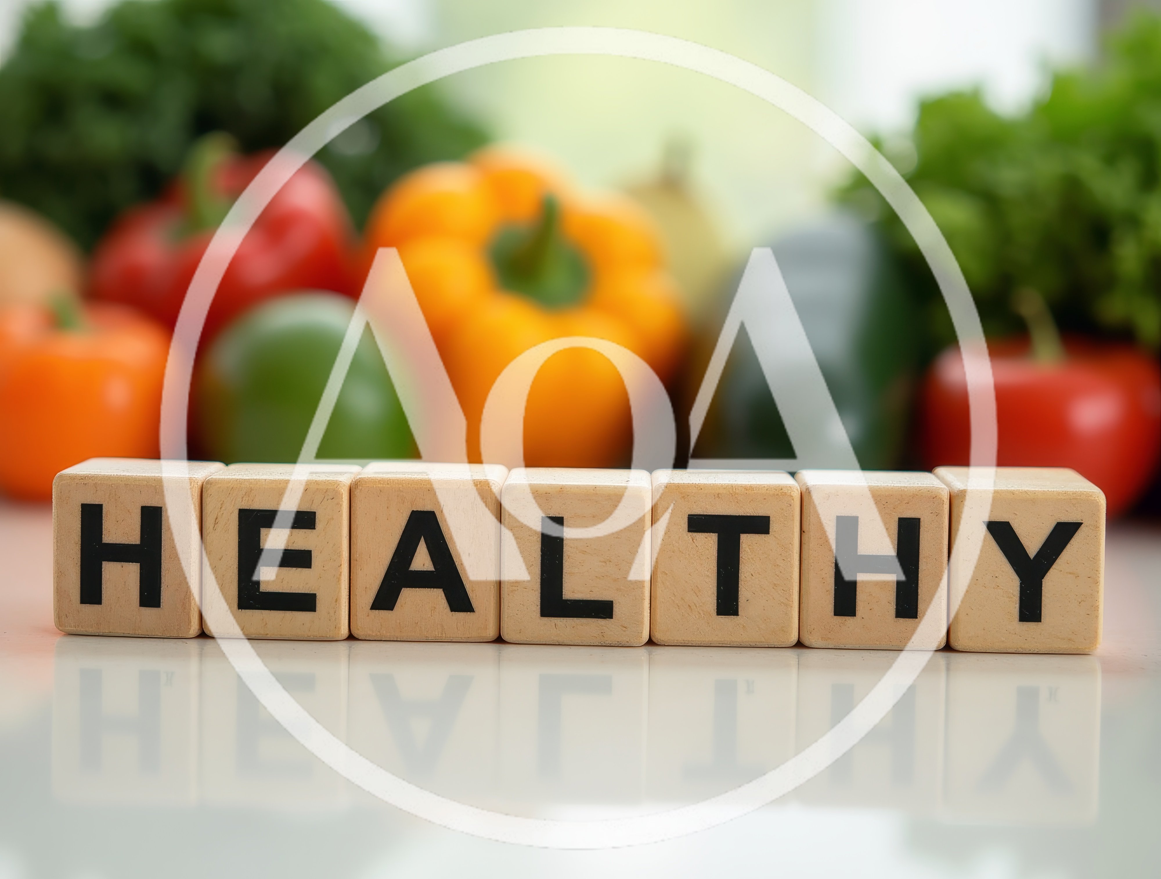 Wooden Blocks Spelling Healthy With Fresh Vegetables Background