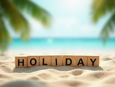 Wooden Blocks Spelling Holiday on Tropical Beach Sand