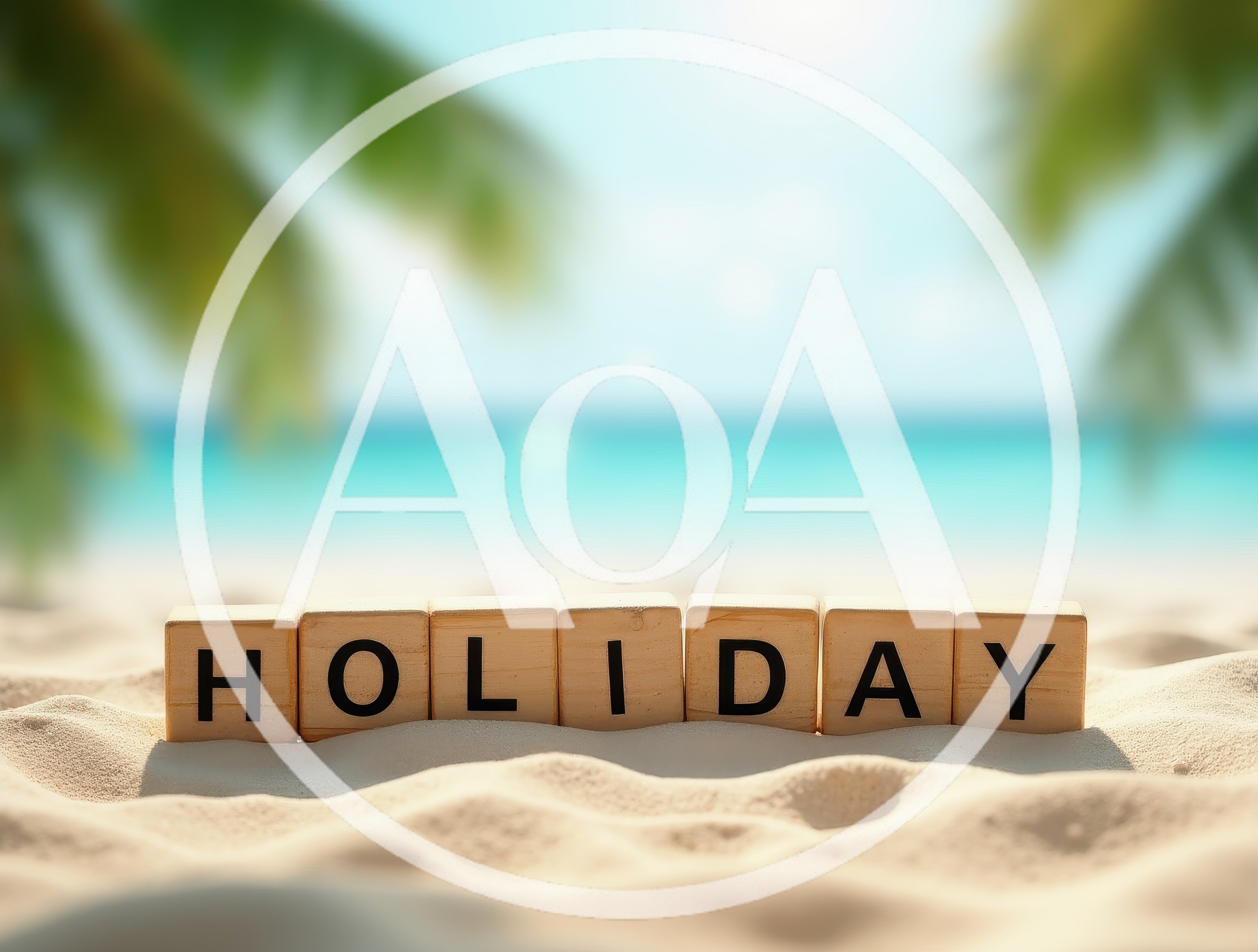 Wooden Blocks Spelling Holiday on Tropical Beach Sand