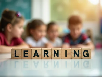 Wooden Blocks Spelling Learning With Blurred Children In Background
