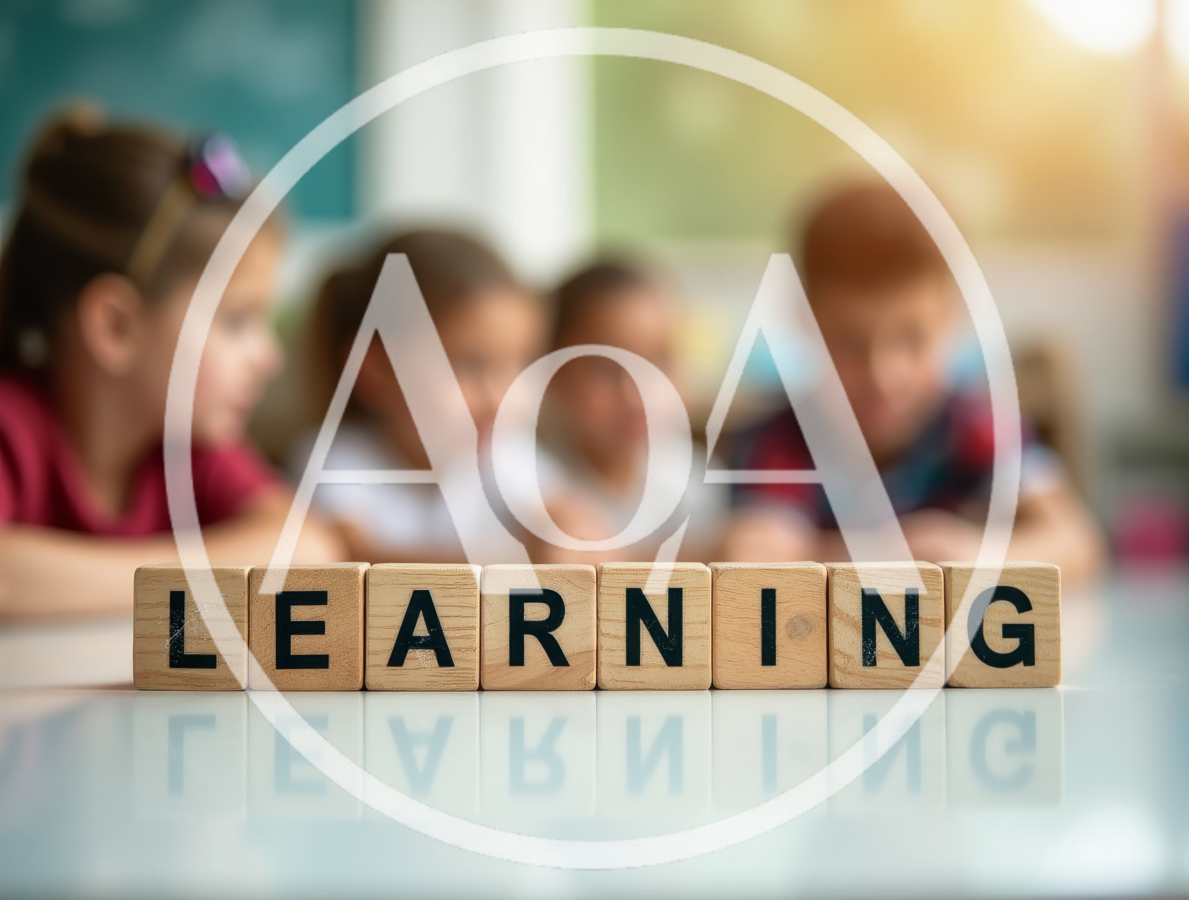 Wooden Blocks Spelling Learning With Blurred Children In Background