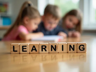 Wooden Blocks Spelling Learning With Children Studying In Background