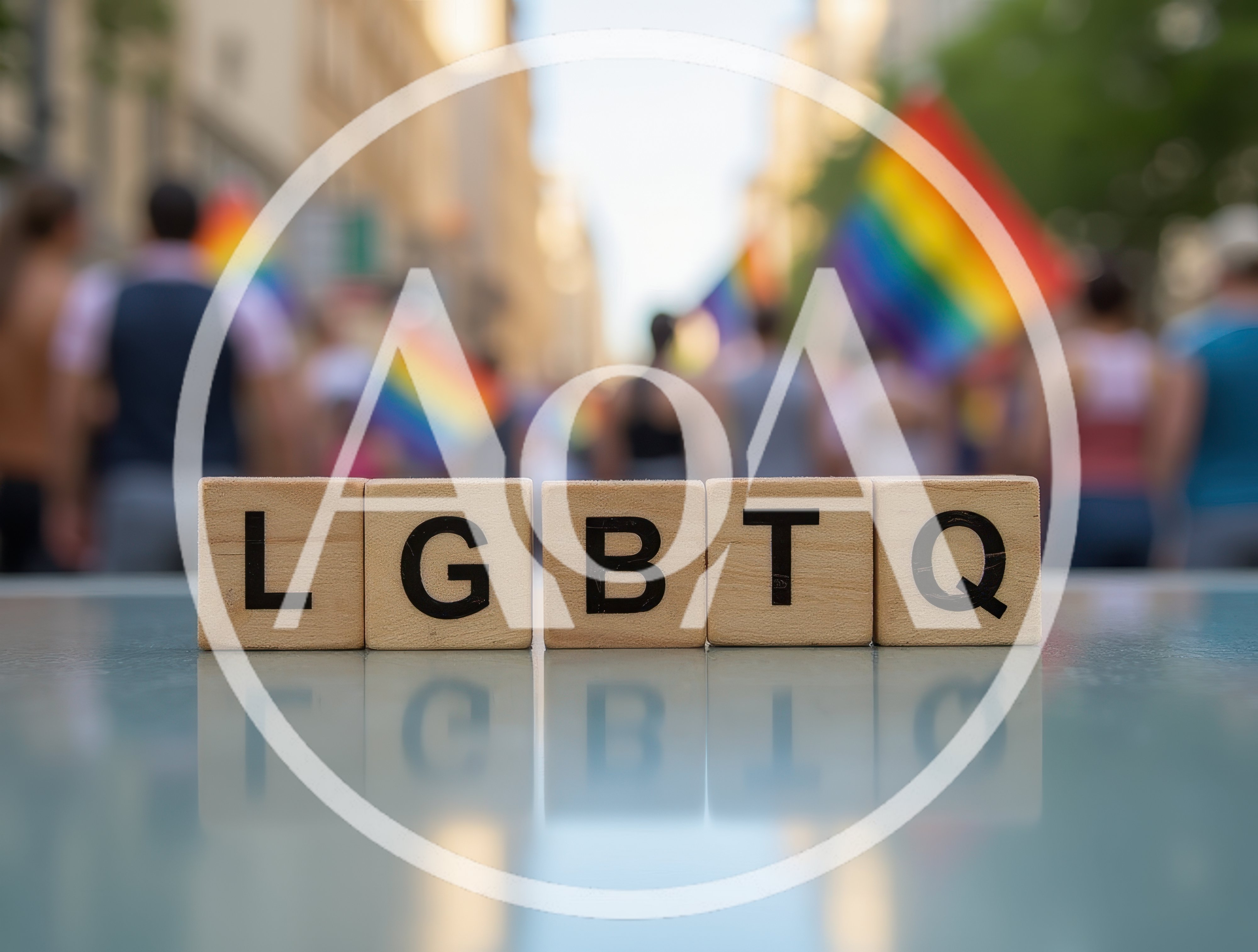 LGBTQ Wooden Blocks on Reflective Surface at Pride Parade