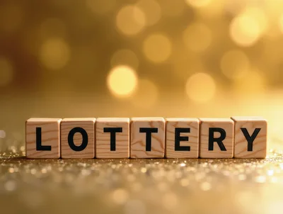 Wooden Blocks Spelling Lottery On A Golden Glitter Background