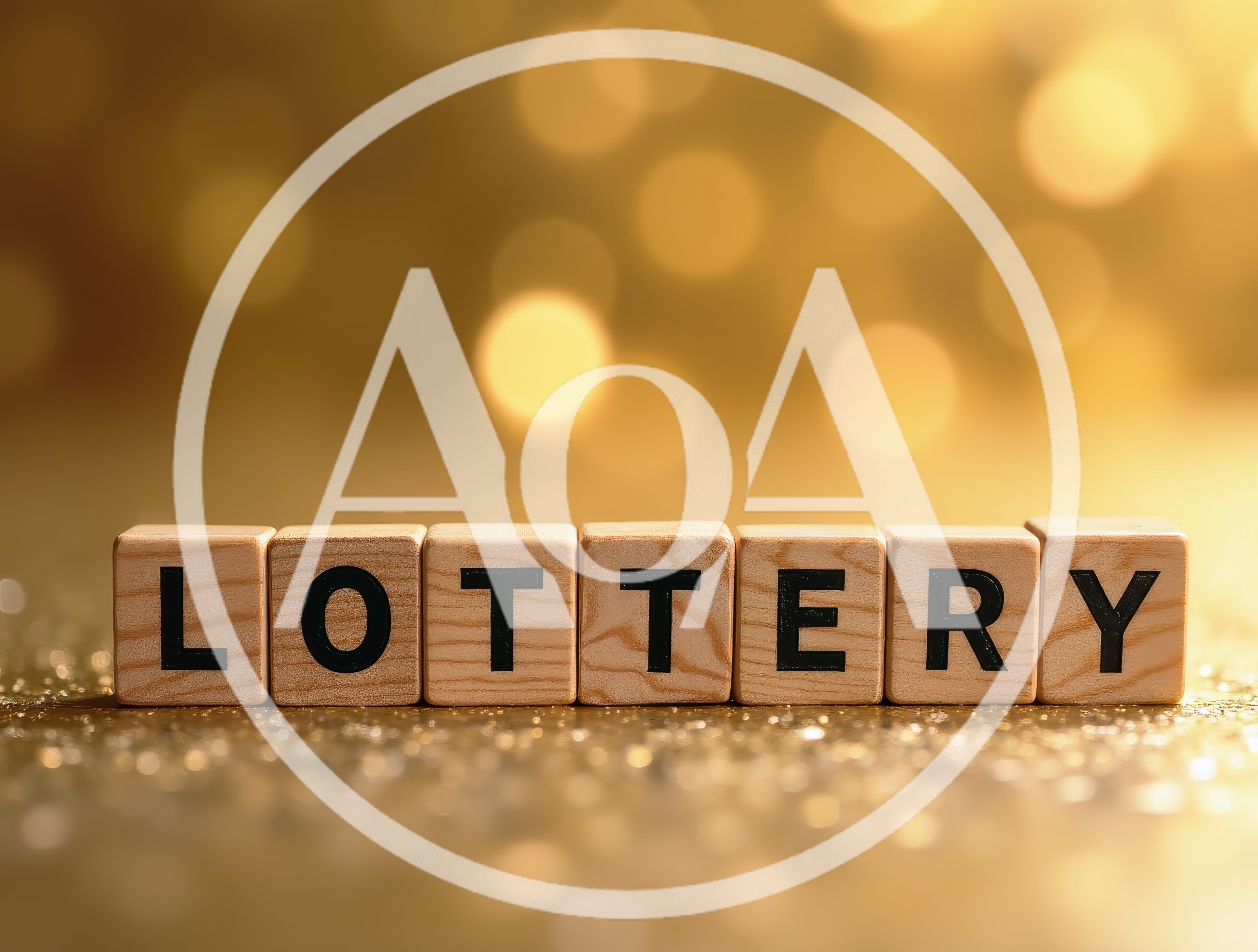 Wooden Blocks Spelling Lottery On A Golden Glitter Background