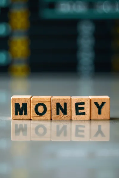 Wooden Blocks Spelling Money On Reflective Surface