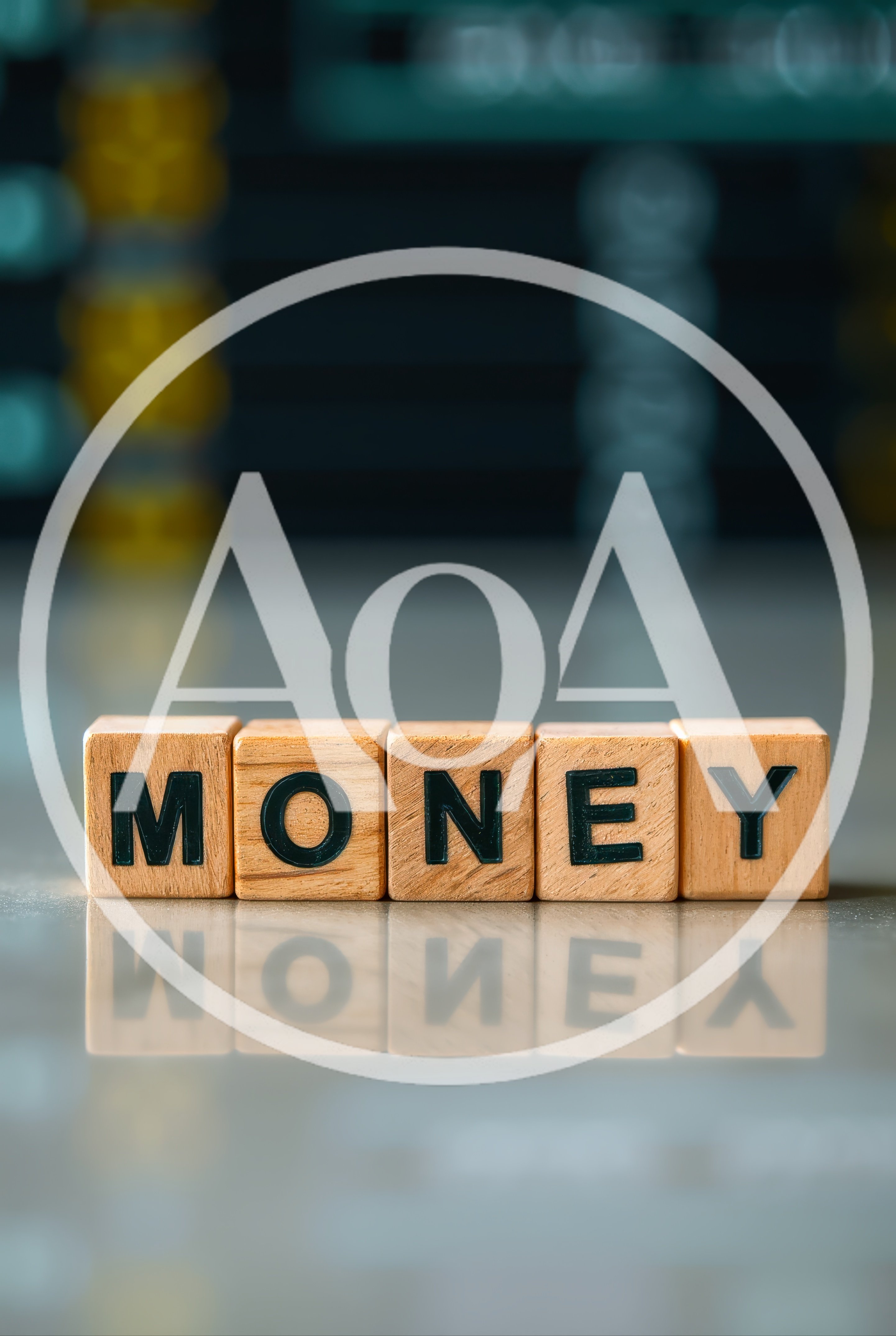 Wooden Blocks Spelling Money On Reflective Surface