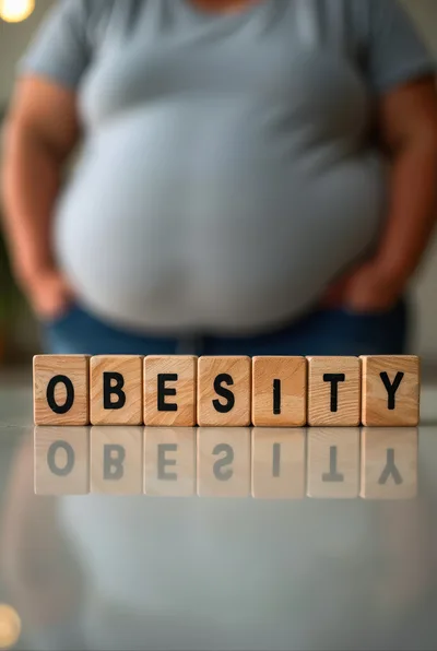 Wooden Blocks Spelling Obesity With Overweight Person Background