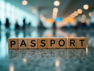 Wooden Blocks Spelling Passport on Airport Terminal Floor