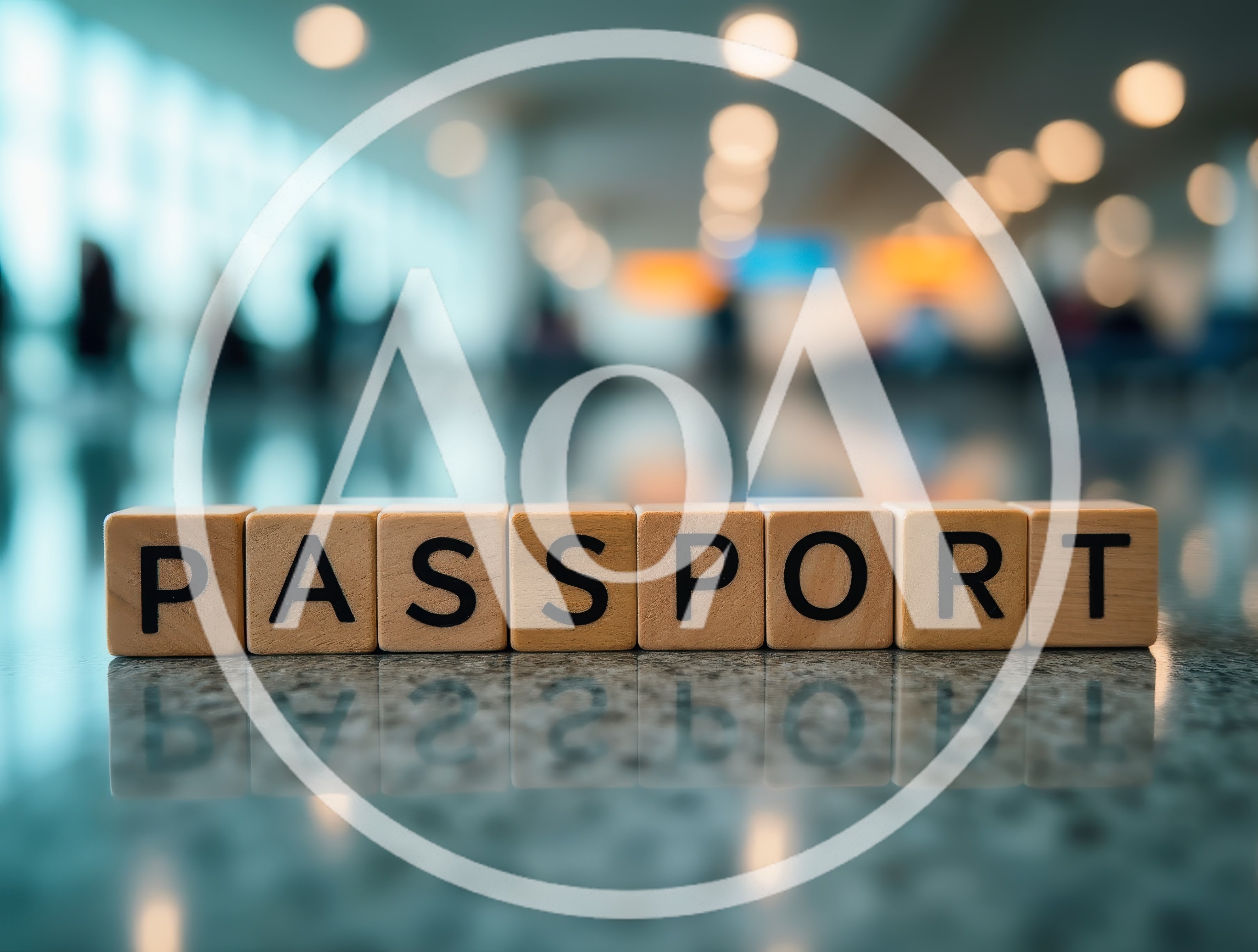 Wooden Blocks Spelling Passport on Airport Terminal Floor