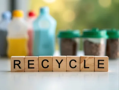 Wooden Blocks Spelling Recycle With Blurred Recyclable Containers
