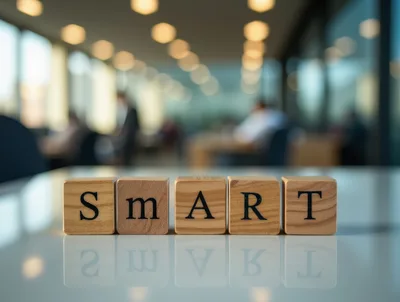 Wooden Blocks Spelling Smart On A Reflective Office Desk