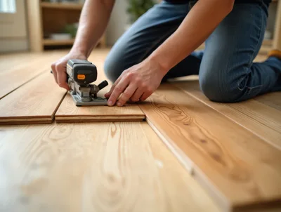 Person Sanding Wooden Floor Planks With Power Tool