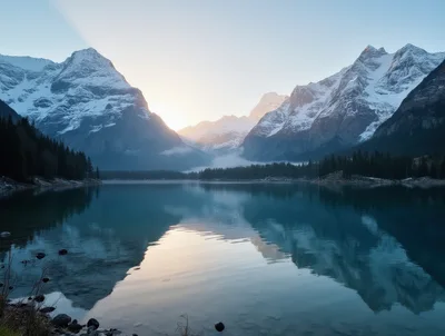 Serene Sunrise Over Snowy Alpine Mountain Lake