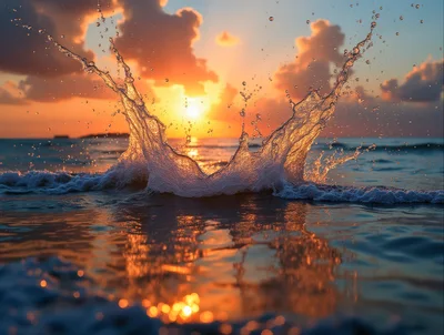 Dramatic Water Splash At Sunset Over Ocean