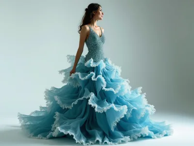 Elegant Woman In A Voluminous Blue Ruffled Gown