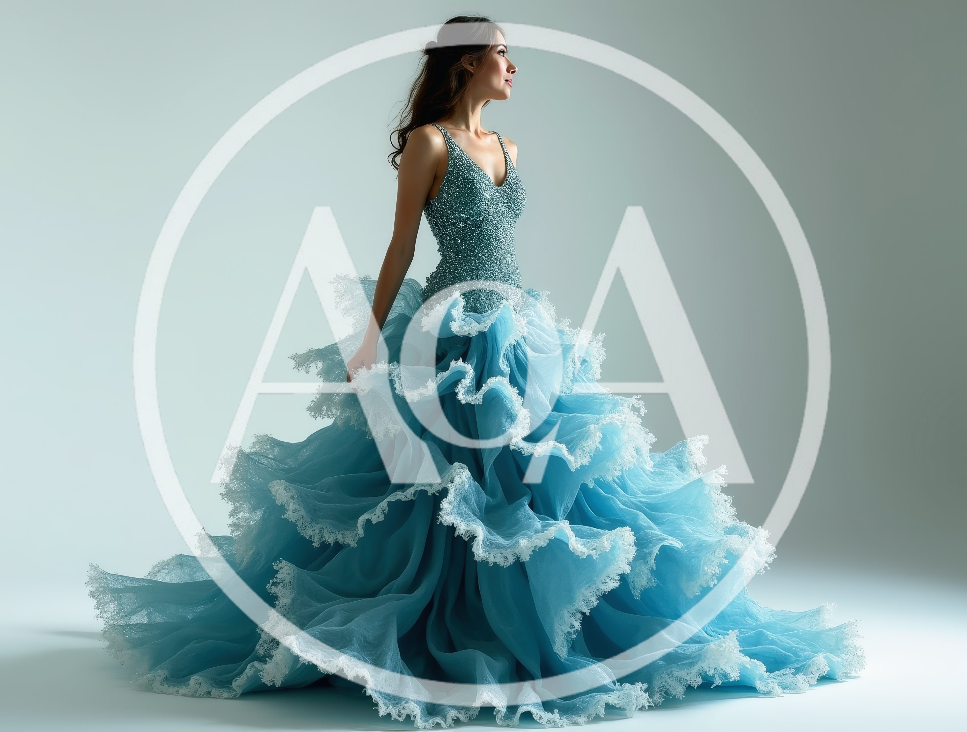 Elegant Woman In A Voluminous Blue Ruffled Gown
