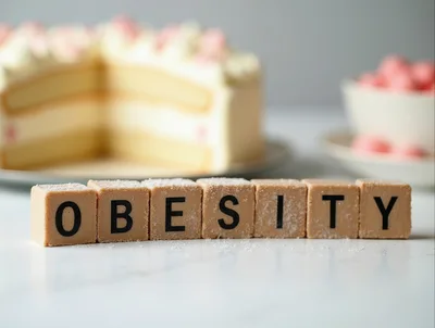 Wooden Blocks Spelling Obesity Next To A Cake