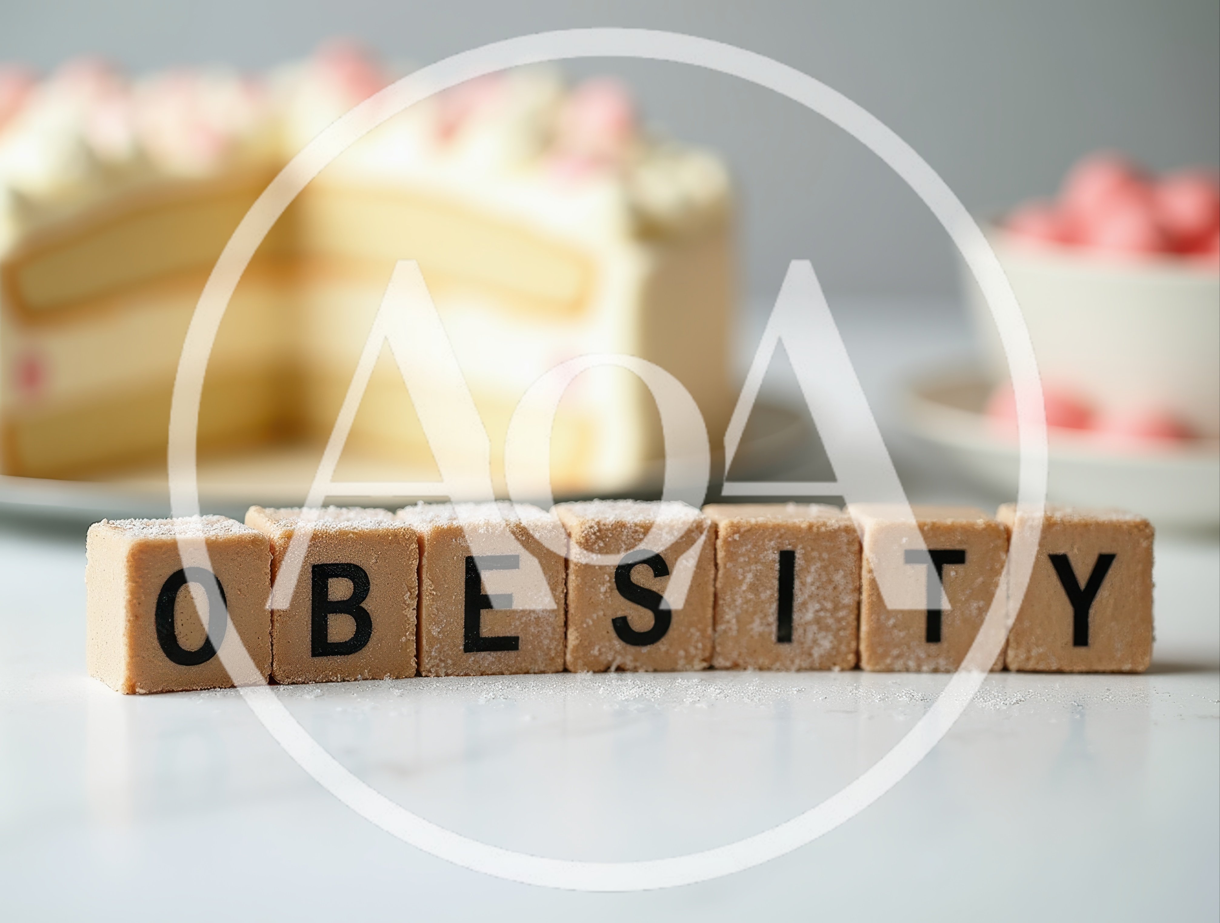Wooden Blocks Spelling Obesity Next To A Cake