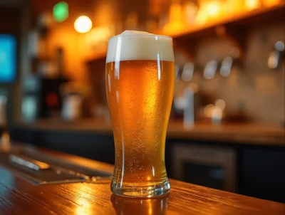 Glass Of Golden Beer On A Bar Counter