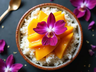 Thai Mango Sticky Rice With Purple Orchid Garnish