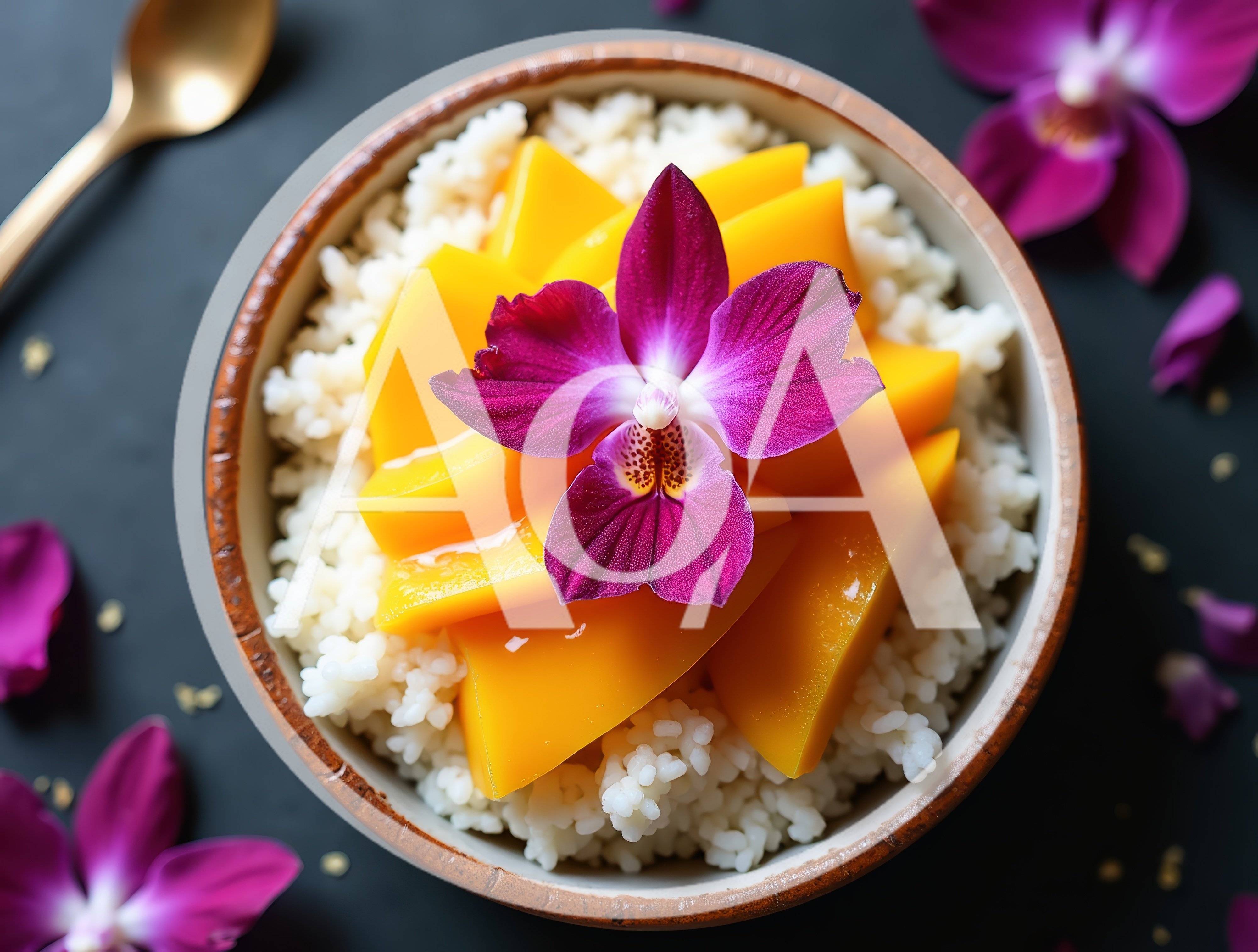 Thai Mango Sticky Rice With Purple Orchid Garnish