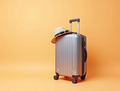 Silver Suitcase With Straw Hat And Sunglasses