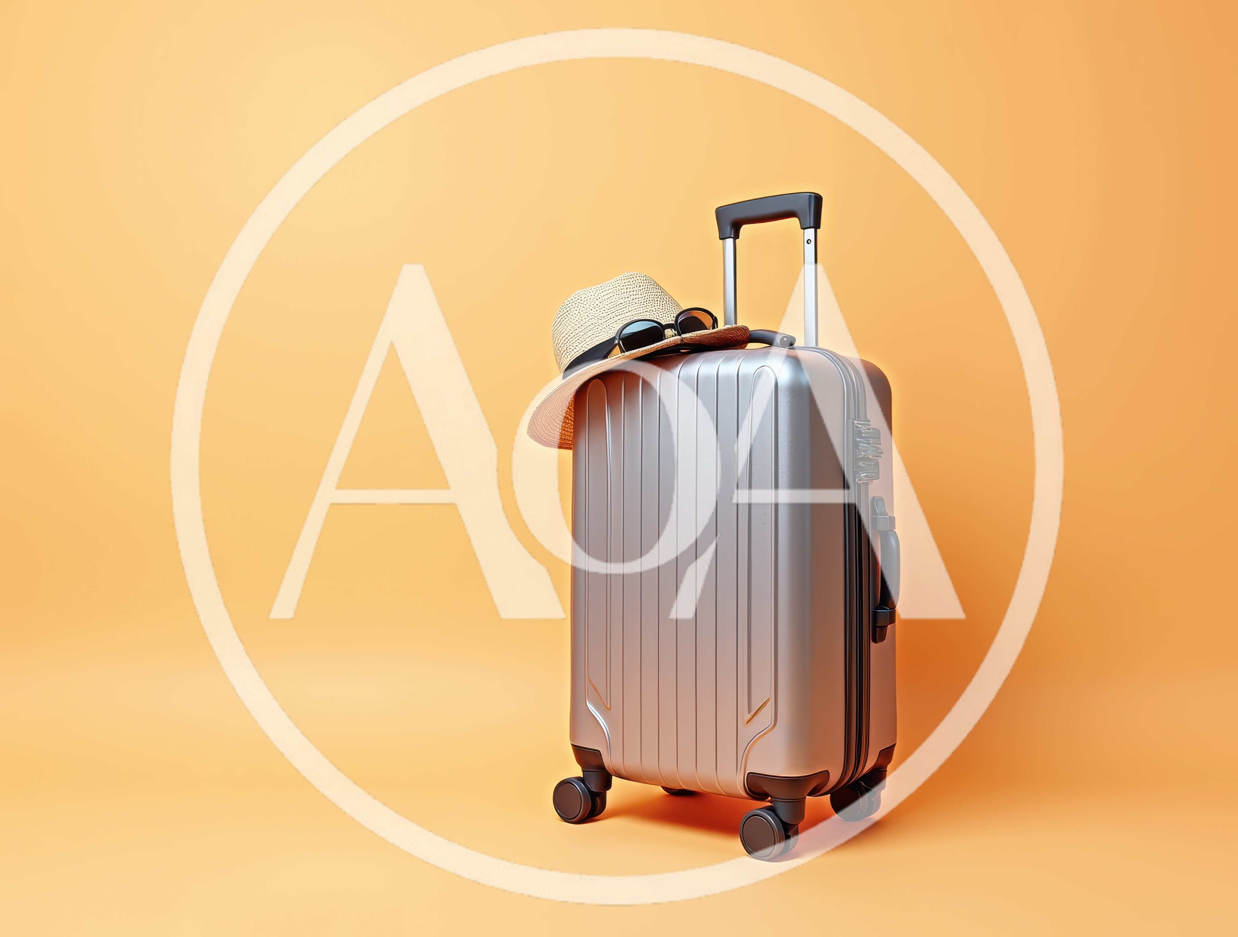 Silver Suitcase With Straw Hat And Sunglasses