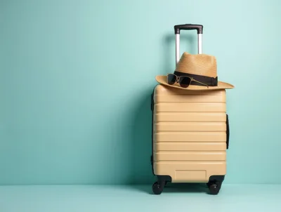 Beige Suitcase With Straw Hat And Sunglasses