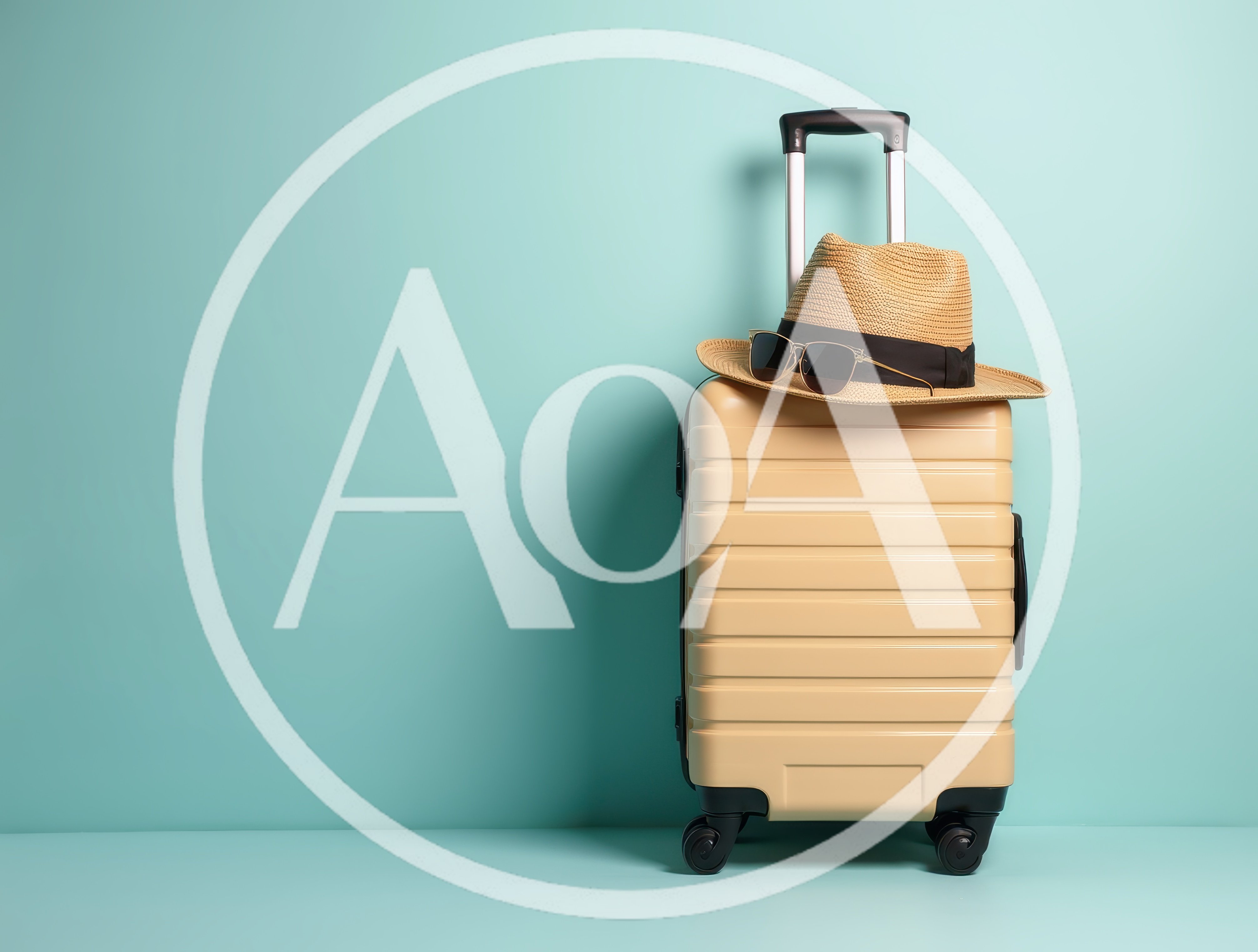 Beige Suitcase With Straw Hat And Sunglasses