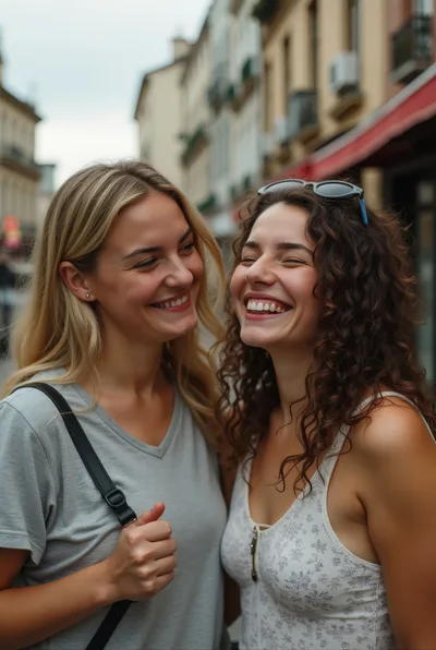 Two Happy Young Women Laughing Together Outdoors