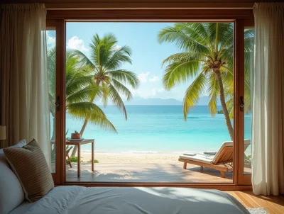 Luxury Beachfront Bedroom View With Tropical Ocean Scenery