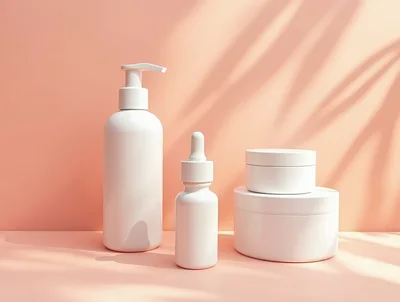 White Cosmetic Bottles And Jars On Peach Background