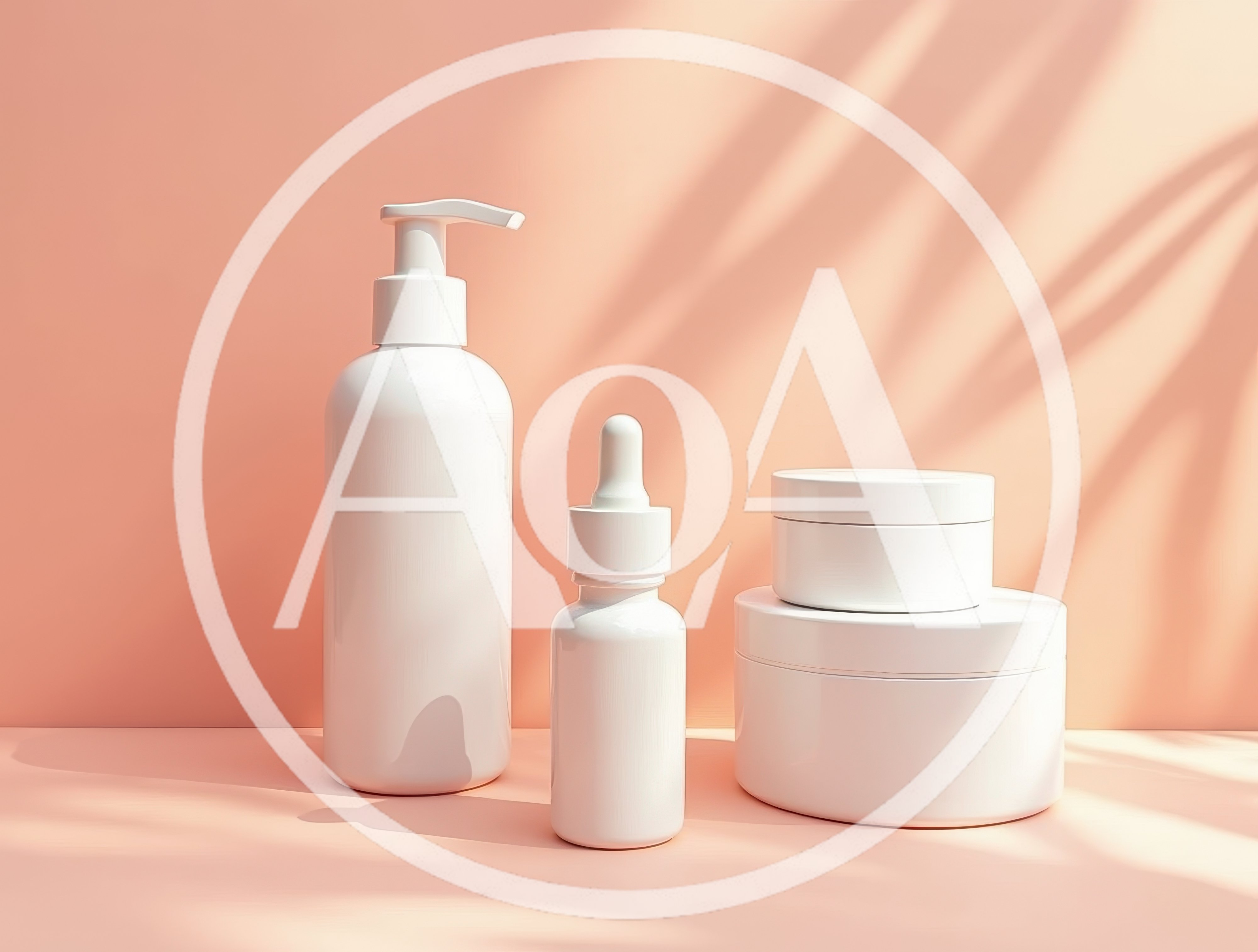White Cosmetic Bottles And Jars On Peach Background