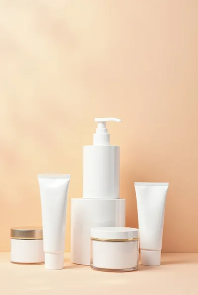 White Cosmetic Skincare Bottles On Beige Background