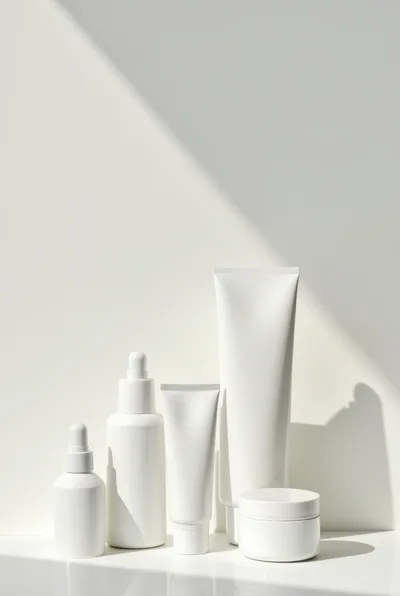 White Cosmetic Bottles and Tubes on Minimalist Background