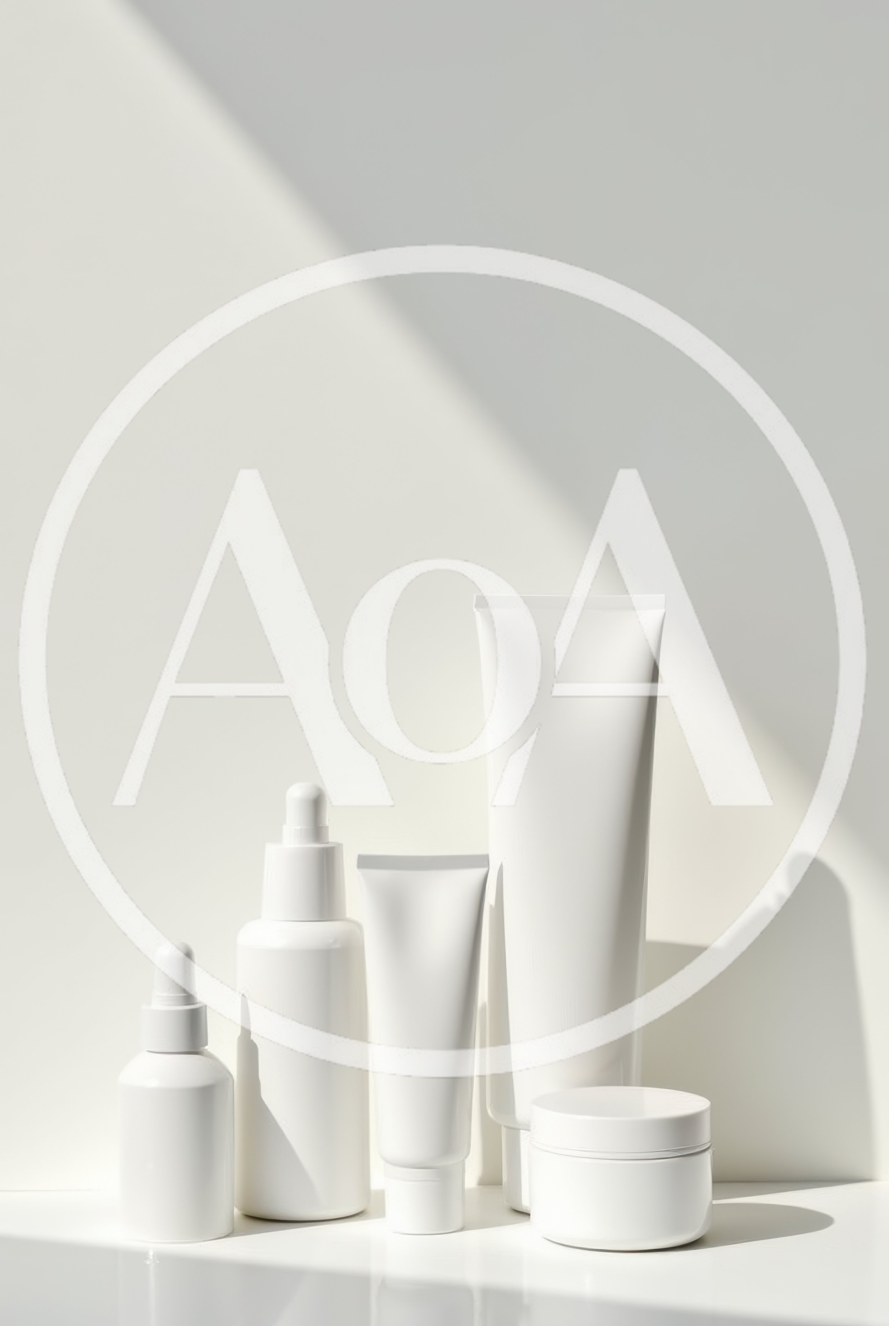 White Cosmetic Bottles and Tubes on Minimalist Background