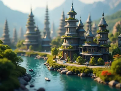 Miniature Fantasy Village With Pagoda Style Architecture