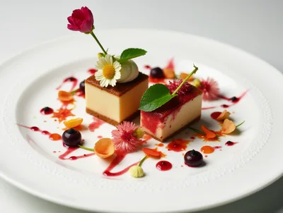 Gourmet Cheesecake Squares Plated With Edible Flowers