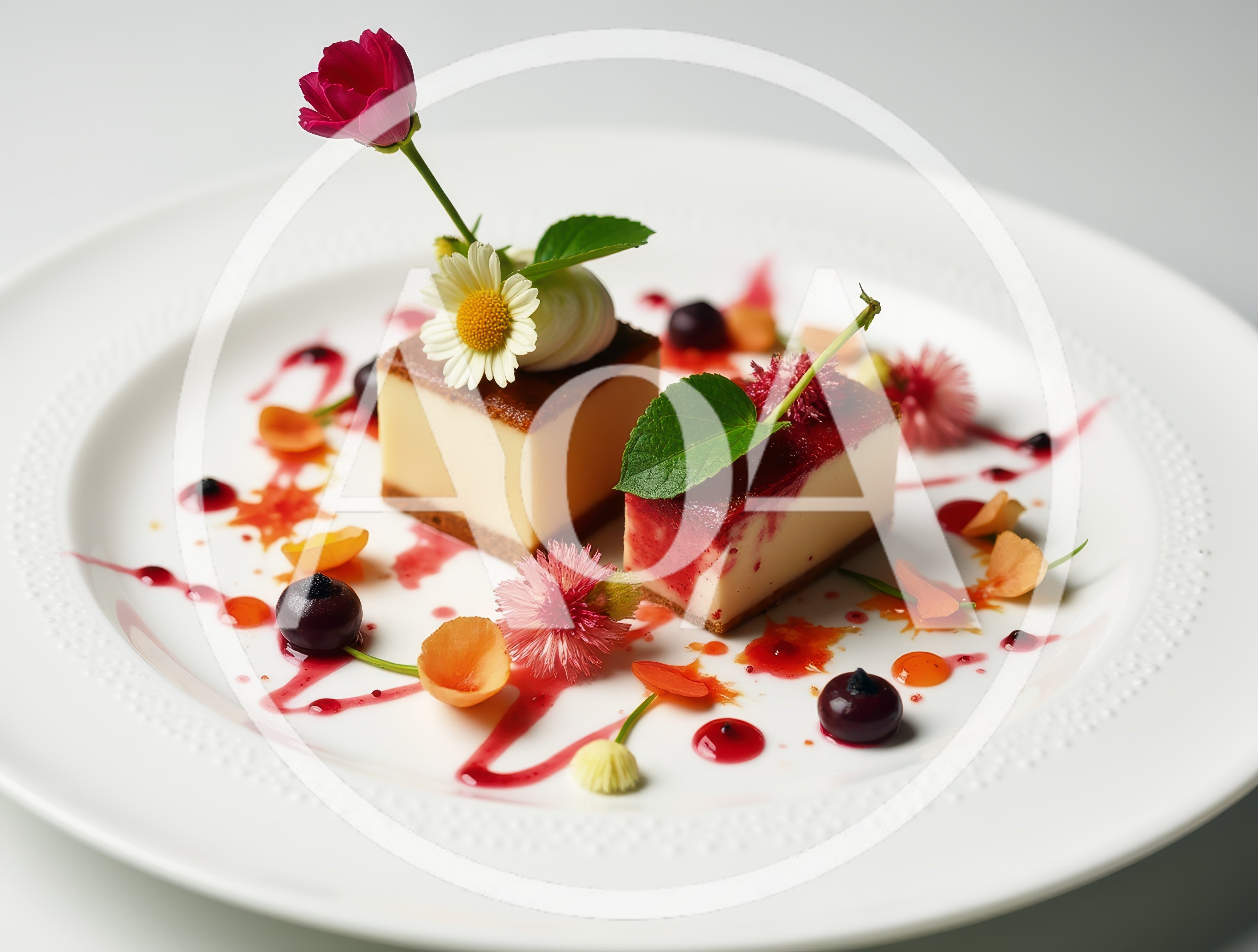 Gourmet Cheesecake Squares Plated With Edible Flowers