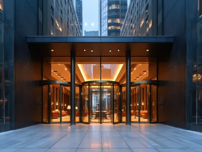 Modern Office Building Entrance With Revolving Glass Doors