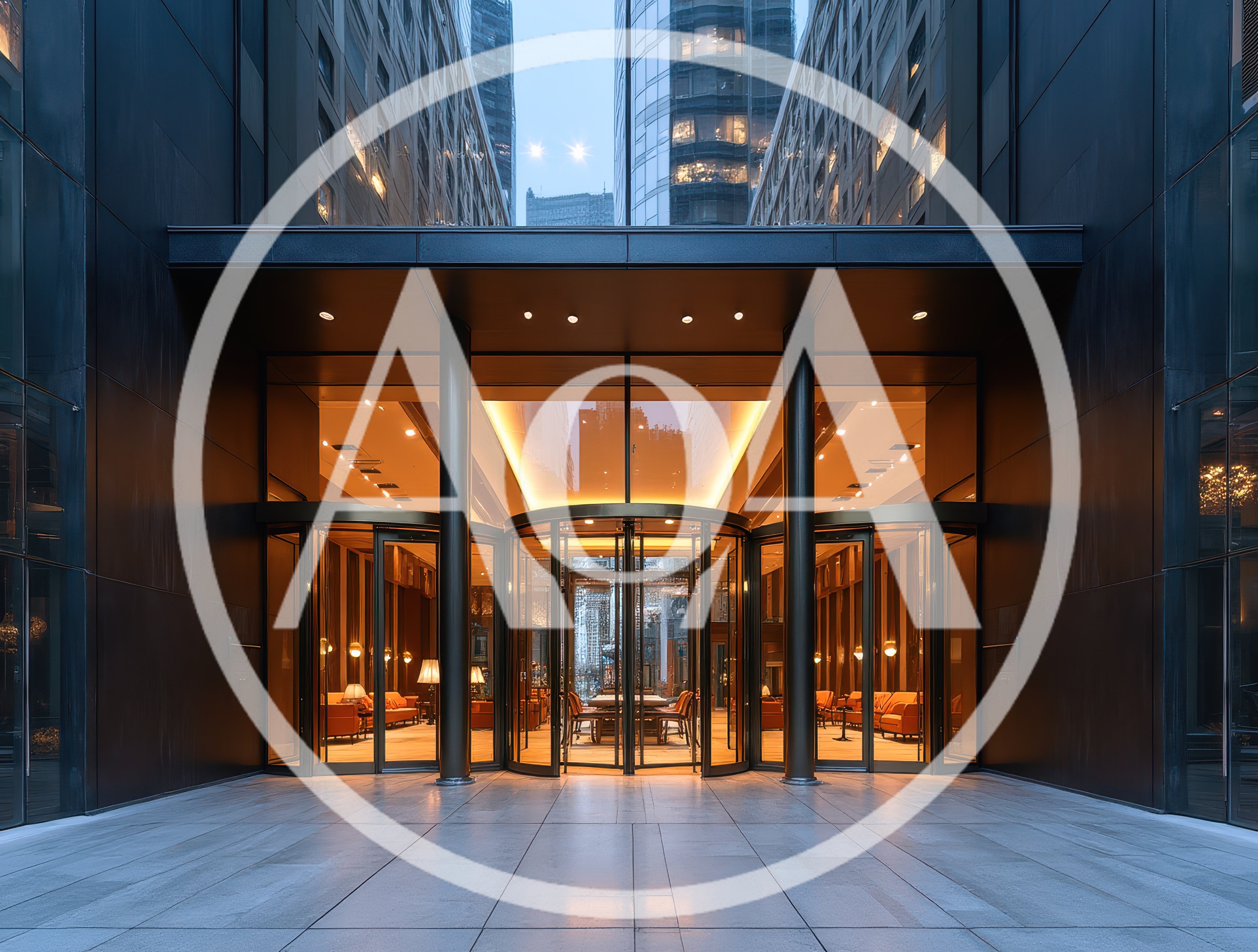 Modern Office Building Entrance With Revolving Glass Doors
